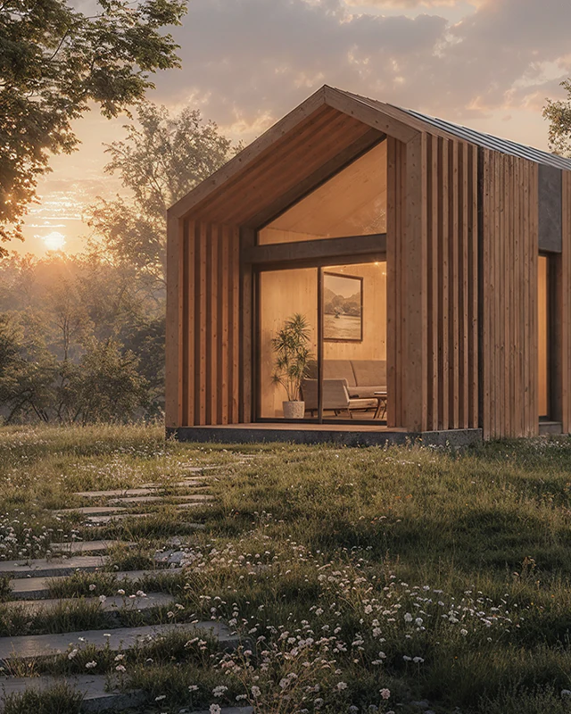 Rendu 3D du modèle Tilia de WoodVolum, module d’habitat en bois implanté dans un environnement naturel